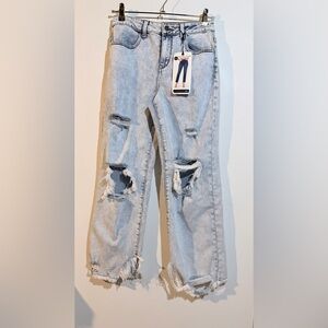 Light Wash Distressed Ripped Straight-Leg Jeans